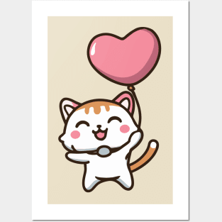 Cute Cat Holding Heart Shaped balloon Posters and Art